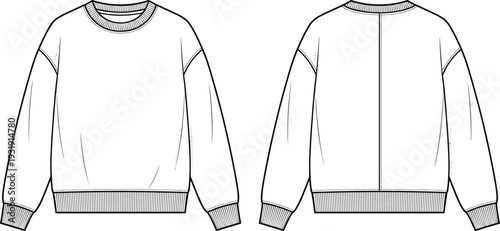 Front and back view crewneck sweatshirt template flat fashion technical drawing long sleeve pullover apparel outline mockup design