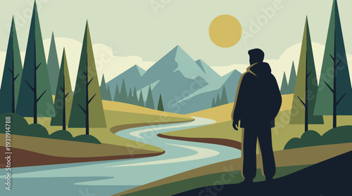 Stylized natural landscape with a person gazing at mountains and a winding river.
