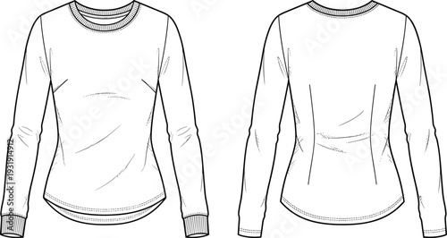 Front and back view long sleeve crewneck top template flat fashion technical drawing fitted casual shirt apparel outline mockup design