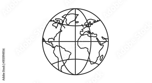 Simple Globe Icon with Continents and Grid Lines - Vector Illustration