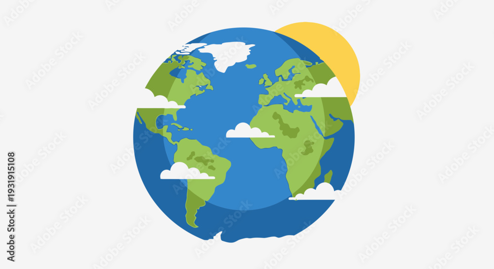Fototapeta premium Stylized Earth Globe with Sun and Clouds, Global Concept