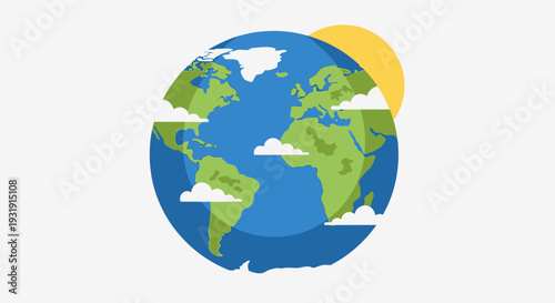Stylized Earth Globe with Sun and Clouds, Global Concept