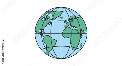 Stylized Globe Earth With Continents and Meridian Lines on White Background