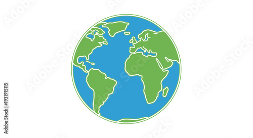 Stylized Globe Icon: Blue Planet Earth with Green Continents on White Background