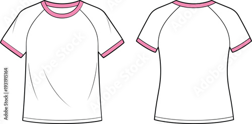 Front and back view raglan sleeve ringer t shirt template flat fashion technical drawing contrast trim tee apparel mockup design