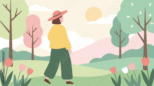 Woman Walking in Serene Pastel Spring Park Nature Scene