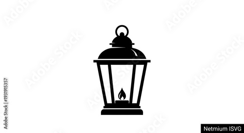 Vintage Lantern Icon Silhouette with Flame, Isolated on White