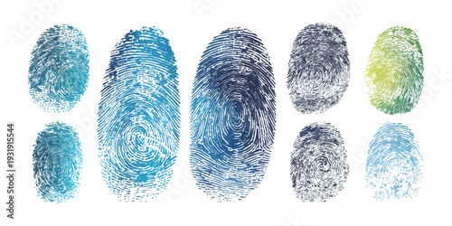 Set of colorful abstract fingerprint icons in various shades of blue and green isolated on white background vector illustration