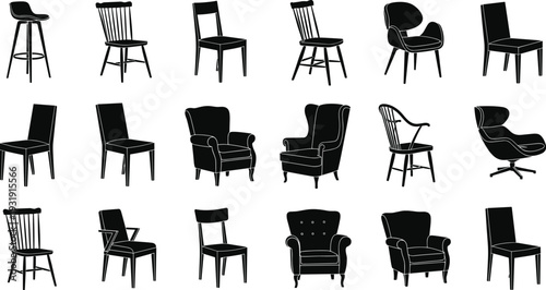 Modern chair silhouettes collection, furniture design icons, dining chairs, bar stools, armchairs, lounge seating, interior decor, minimalist style, vector illustration