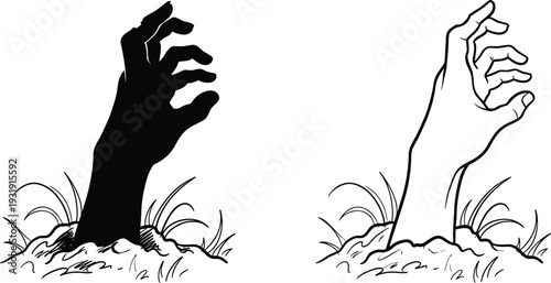 Creepy Zombie Hands Rising From Ground Black and White Vector Illustration Isolated on White Background Horror Concept Art