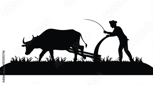 minimalist black silhouette of farmer plowing field with ox, traditional rural agriculture scene isolated on white background, vector illustration