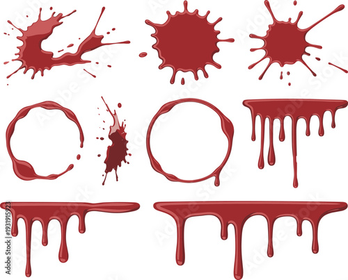 Red splatter silhouette, paint drip design, liquid stain vector, burst splash pattern, circular ring stain, dramatic artistic illustration