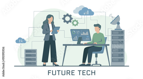 IT professionals managing data and cloud computing systems in modern tech environment