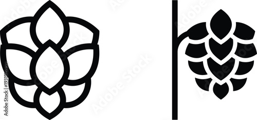 Hop Flower and Hop Cone Silhouette Icon Set Black and White Vector Illustration Brewing Ingredient Botanical Design