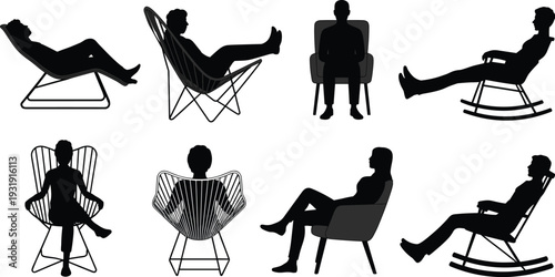 Silhouette people sitting in chairs, modern furniture design, ergonomic seating posture, lounge chair silhouettes, decorative chair silhouettes, interior design illustration