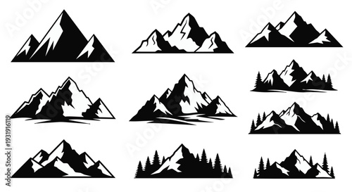 Collection of various mountain silhouettes in black
