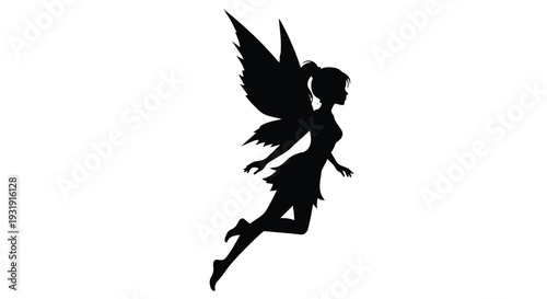 Black silhouette of a fairy with wings flying