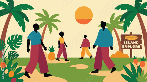 Tropical island exploration with family, palm trees, and vibrant plants