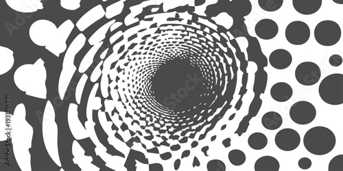 Abstract monochrome halftone dot vortex tunnel background with deep perspective and hypnotic circular geometric pattern vector illustration