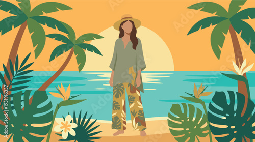 Woman in hat on tropical beach at sunset with palm trees, flat illustration