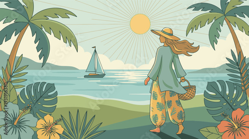 Tropical beach summer illustration with woman walking by ocean and sailboat