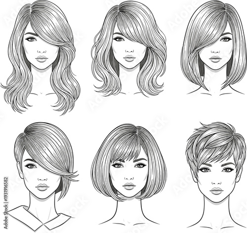Women hairstyle illustration, long short haircuts, curly wavy straight styles, layered bob pixie, fashion beauty avatar, modern stylized artwork design