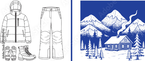 Vector line art with a split view: on the left, winter apparel including a puffer jacket, snow pants, gloves, and boots; on the right, a blue-tinted mountain cabin in a snowy pine forest.