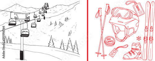 Vector line art with a split view: on the left, a detailed landscape of a ski resort with chairlifts and pine trees; on the right, red icons of ski gear including a helmet, goggles, and boots.