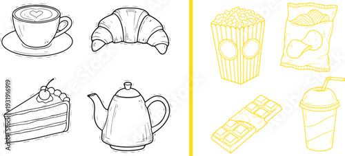 Vector line art with a split view: on the left, cafe staples like coffee, a croissant, cake, and tea; on the right, yellow cinema snacks including popcorn, chips, chocolate, and soda.