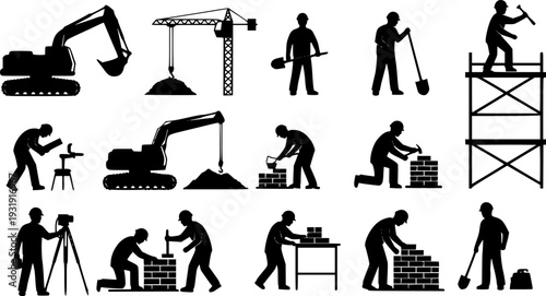 Construction workers vector silhouettes