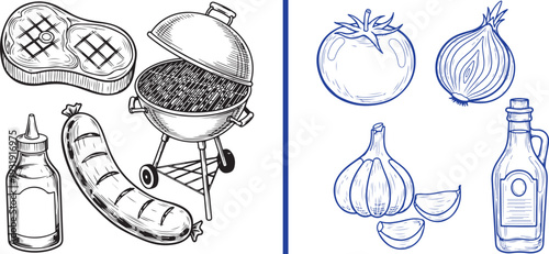 Comparison of black line art featuring BBQ essentials like a grill, steak, and sausage with blue-tinted fresh ingredients including tomato, onion, garlic, and olive oil.