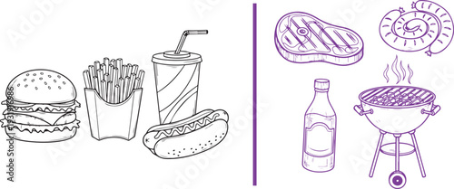 Vector line art with a split view: on the left, fast food icons like a burger, fries, and a hot dog; on the right, purple barbecue icons including a grill, steak, and sausages.