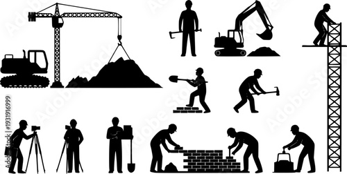 Construction workers vector silhouettes