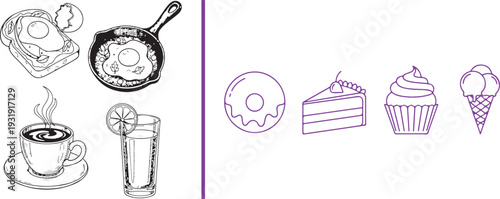 A split-panel vector set featuring black line art of a breakfast with eggs on toast and in a skillet, coffee, and juice, paired with purple-tinted icons of a donut, cake, cupcake, and ice cream.