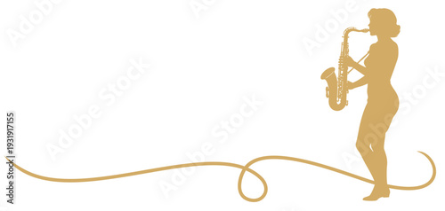 Goden silhouette of a woman playing the saxophone on white background