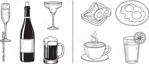 A split-panel vector illustration contrasting alcoholic beverages like wine, beer, and cocktails in black line art with a healthy breakfast of avocado toast, eggs, coffee, and juice.