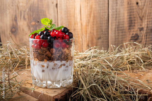 Rustic granola breakfast with milk and currants on wooden cuts in hay.