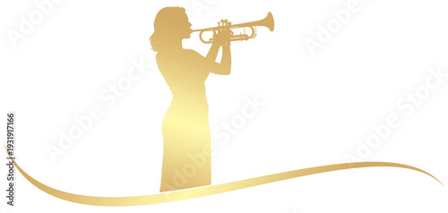 Golden silhouette of a woman playing the trumpet on white background