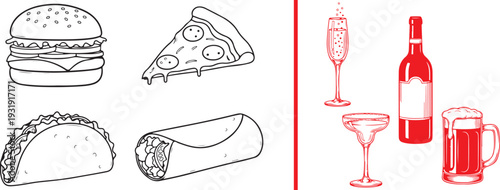 Vector line art with a split view: on the left, popular fast food like a burger, pizza, taco, and burrito; on the right, red icons of drinks including wine, beer, champagne, and a cocktail.