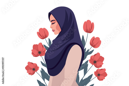 Serene Muslim Woman in Hijab with Poppy Flowers