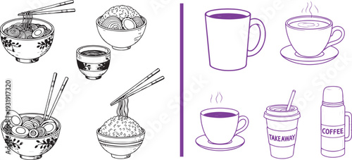 Dual-panel vector set featuring black line art of various ramen and rice bowls with chopsticks alongside purple-tinted coffee icons, including mugs, takeaway cups, and a thermos.