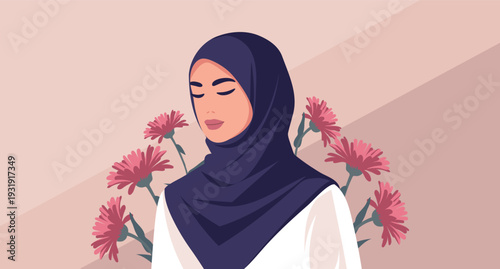 Beautiful Muslim Woman in Hijab with Floral Background. Festive banner for Womens day.