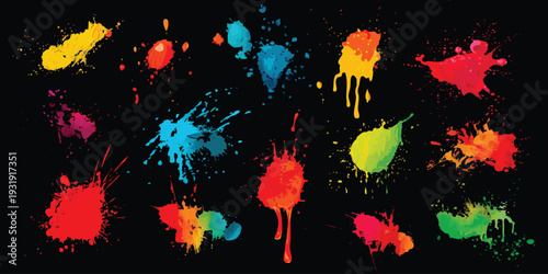 Set of colorful paint splatters and ink blots isolated on black background abstract artistic vector illustration for creative design