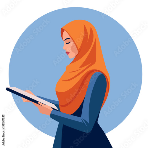 Young Muslim woman in hijab using tablet computer. Illustration.
