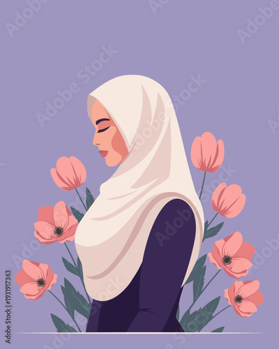 Serene Muslim Woman in Hijab with Poppy Flowers