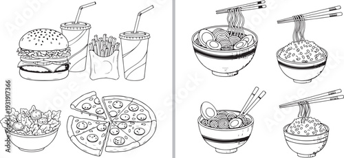 Vector illustration comparing fast food favorites like burgers, pizza, and fries in black line art with various noodle and ramen bowls featuring chopsticks on the right.