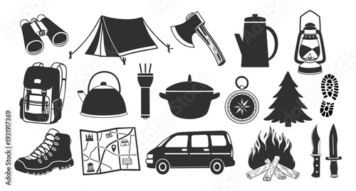 Camping icons set. Camping and outdoor adventure equipment. Nature and travel icons.