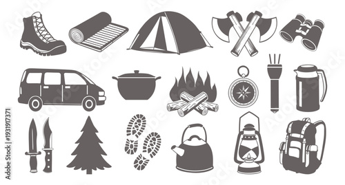 Illustration of camping and outdoor adventure equipment. Nature and travel icons.