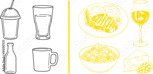 A split-frame vector illustration featuring black line icons of beverage containers—a smoothie cup, glass, bottle, and mug—beside a yellow-tinted formal meal set with steak, wine, pasta, and cheese.