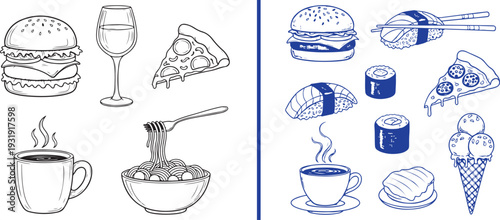 Comparison of food icons featuring black line art of a burger, wine, pizza, coffee, and pasta, alongside blue-themed illustrations of sushi, burgers, ice cream, and takeout favorites.